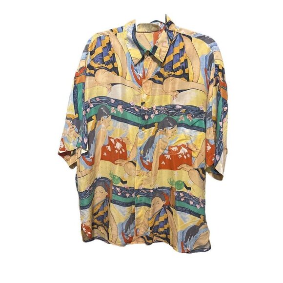 AS IS Silk Club Mens Graphic Shirt Polynesian Inspired Fabric Project Repurpose - Picture 1 of 14